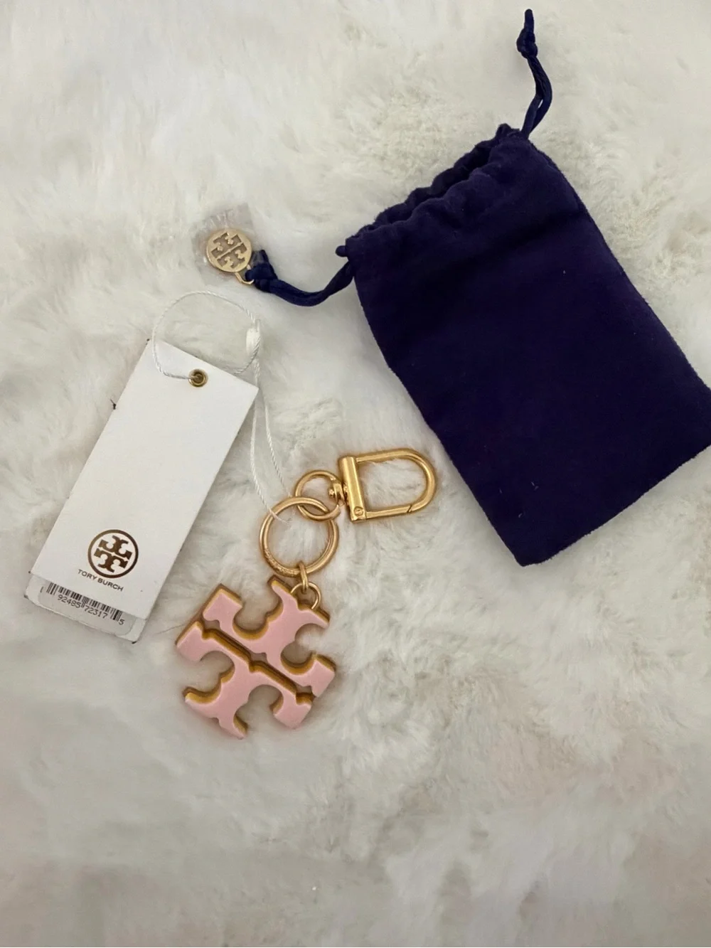 Tory Burch Pink Enamel Logo Keychain with Gold Hardware